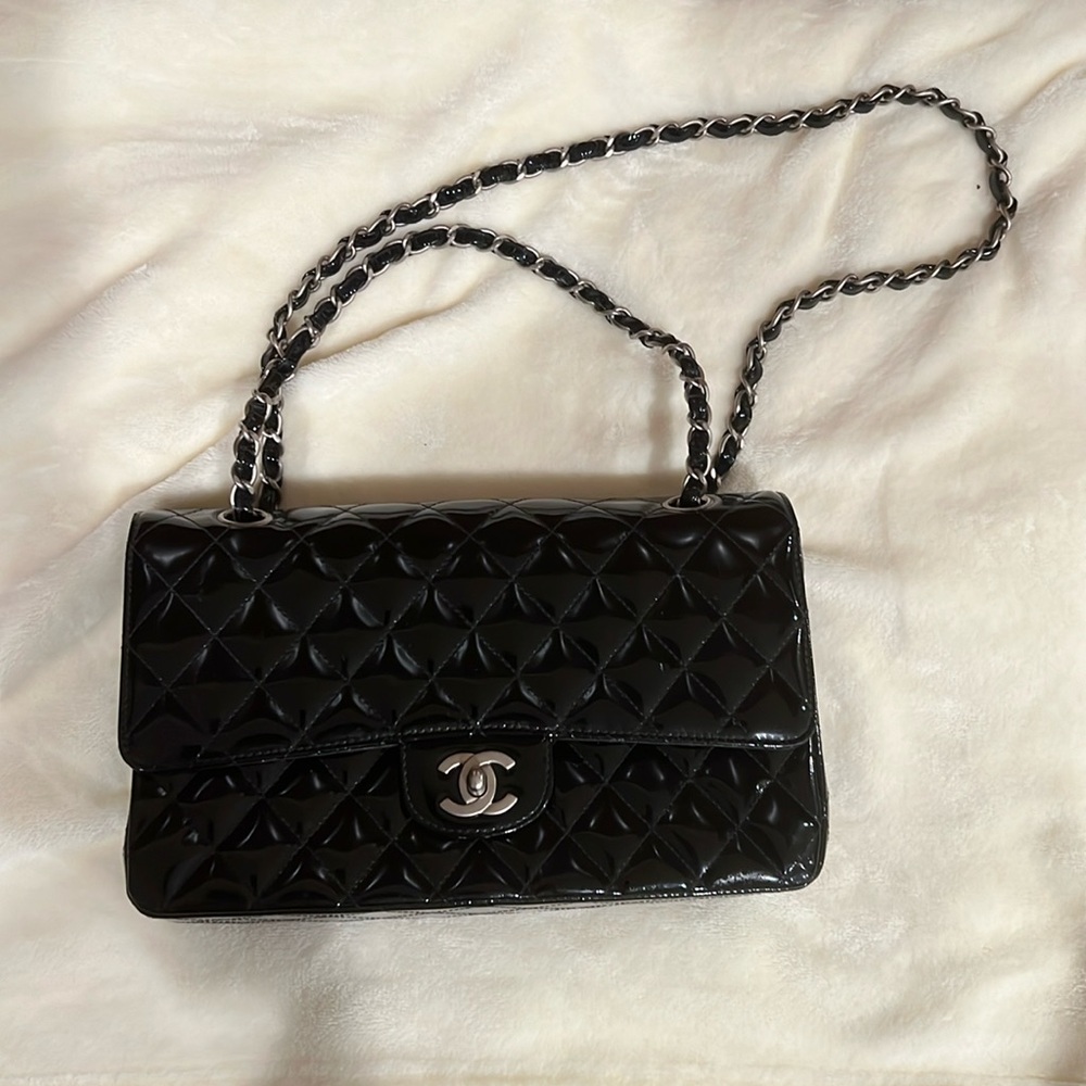 Authentic Chanel black Patent, leather classic flap bag